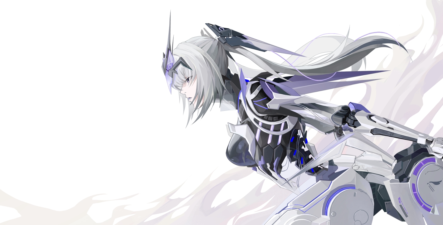 armor, cybernetic_sam, gray_hair, headdress, long_hair, punishing:_gray_raven, purple_eyes, robot, rosetta_(pgr), techgirl, third-party_edit, twintails, white