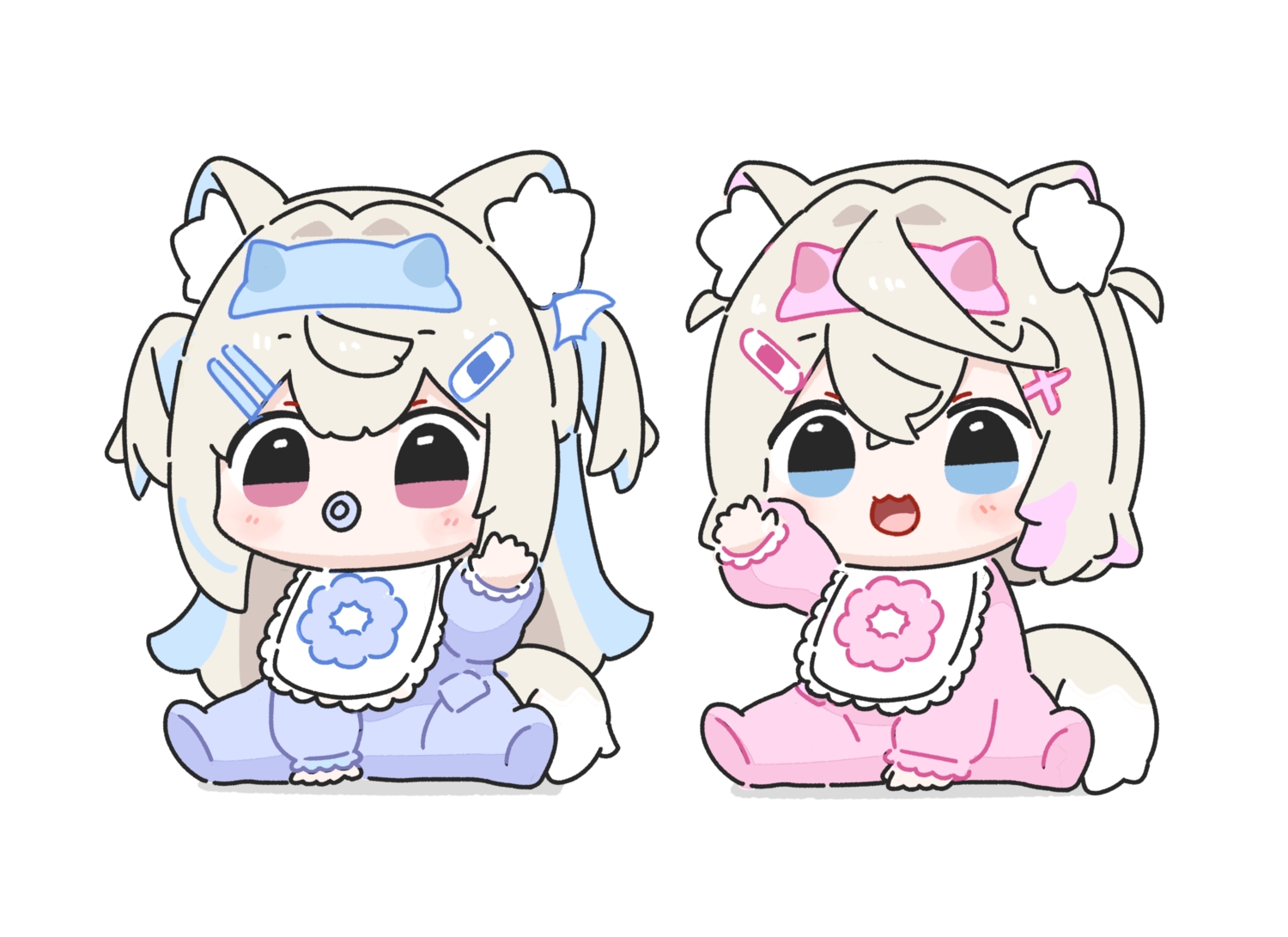 2girls, animal_ears, bandaid, blonde_hair, blue_eyes, blush, chibi, doggirl
