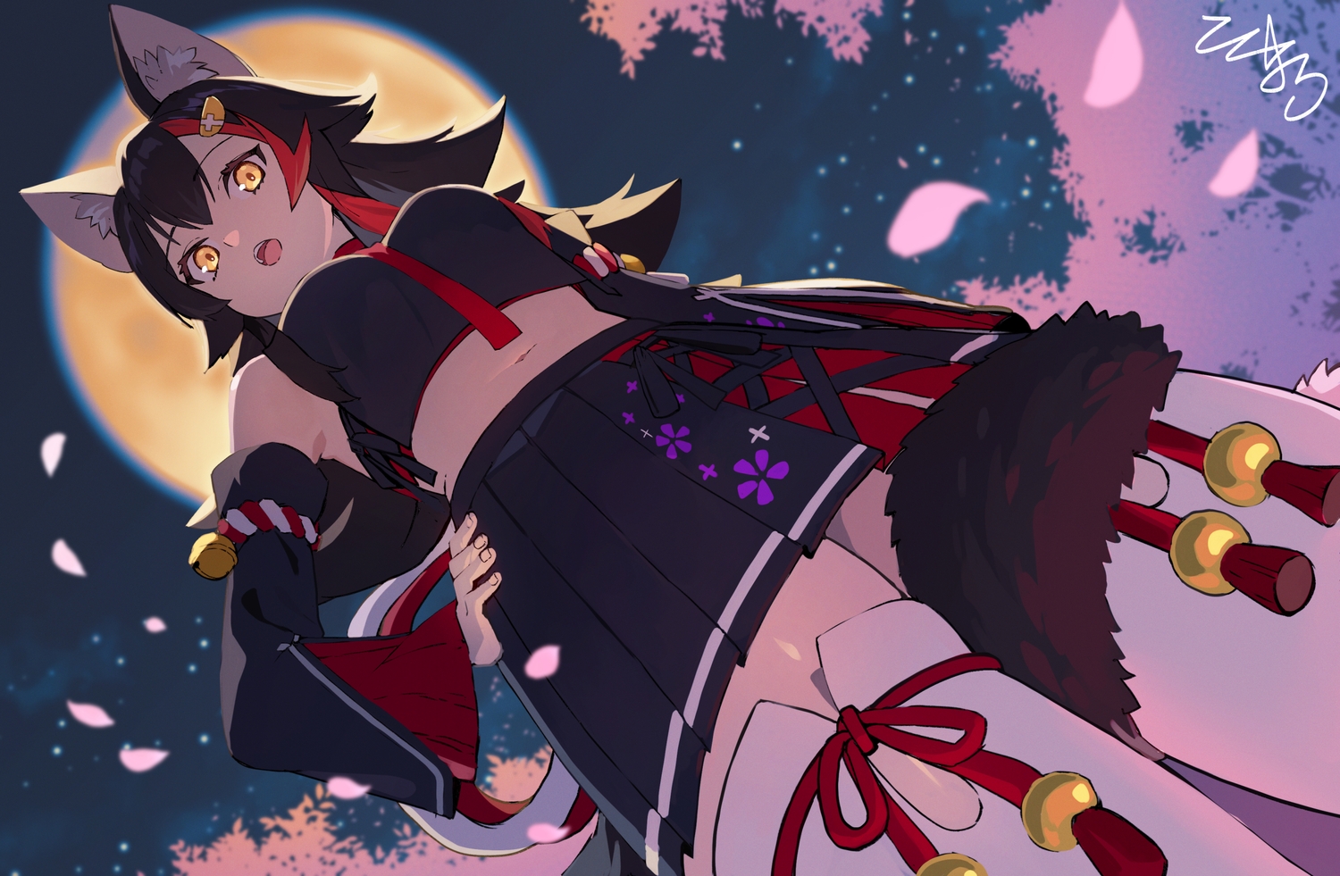 animal_ears, bell, black_hair, cherry_blossoms, close, flowers, hololive, long_hair