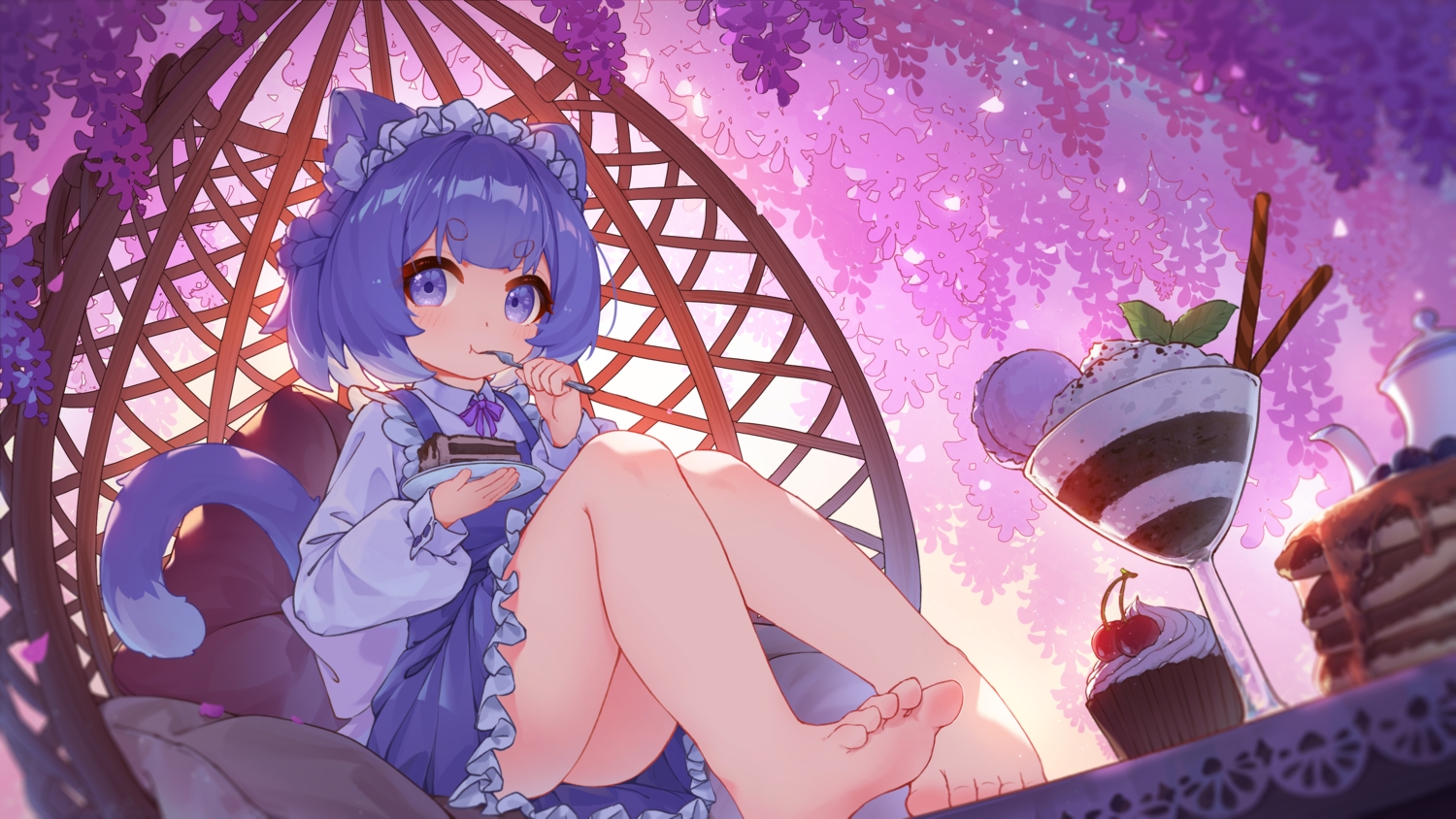 animal_ears, barefoot, blue_eyes, blue_hair, blush, cake, catgirl, cherry
