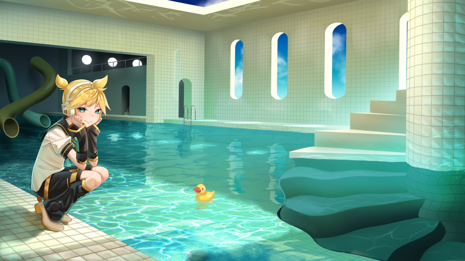 all_male, aqua_eyes, aroeruji3, blonde_hair, clouds, headphones, kagamine_len, male, microphone, ponytail, pool, rubber_duck, shirt, short_hair, shorts, sky, stairs, tie, vocaloid, water