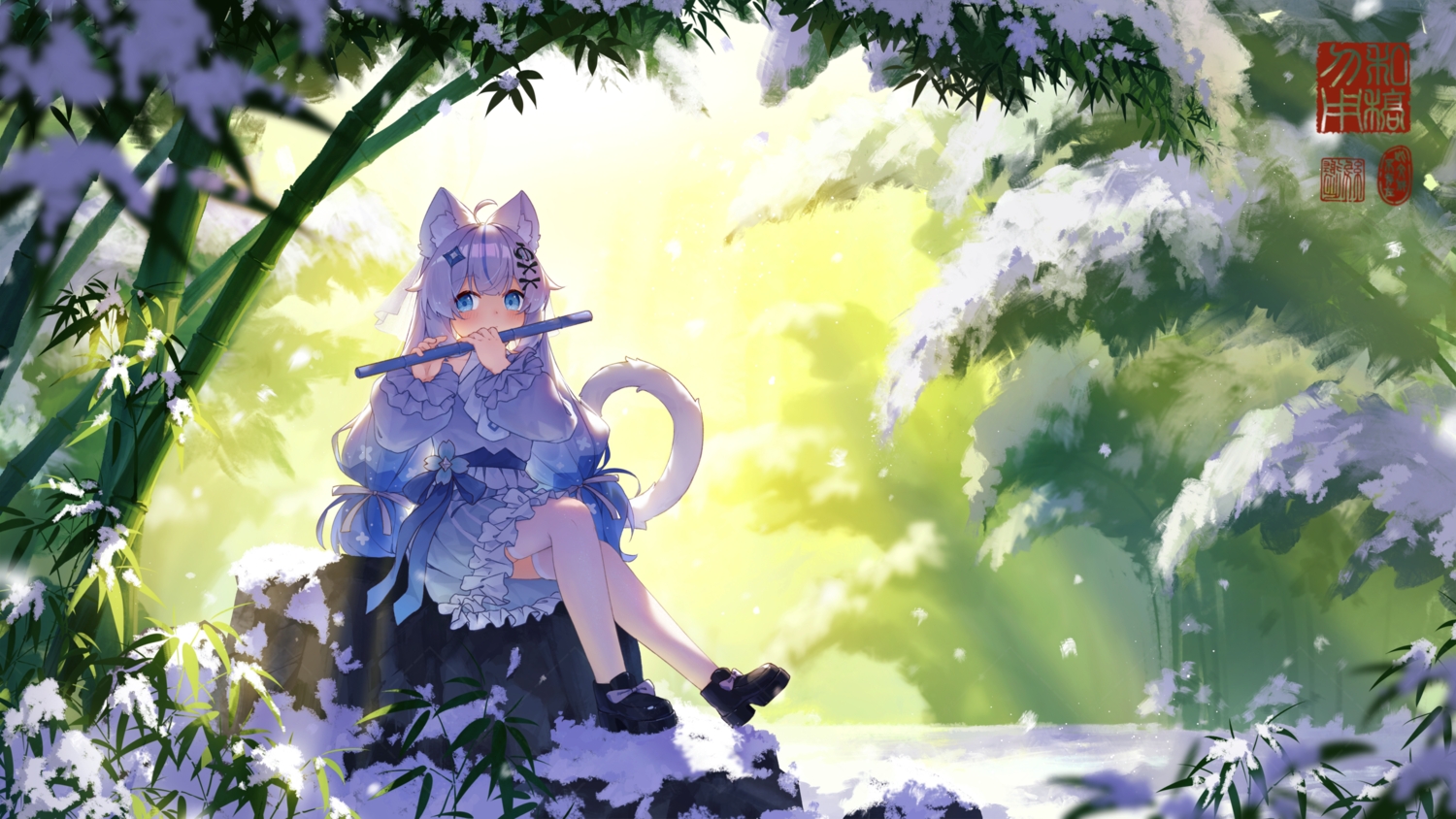 animal_ears, blue_eyes, blush, bow, catgirl, ci_wen_jian_bu_cun_zai, dress, flute