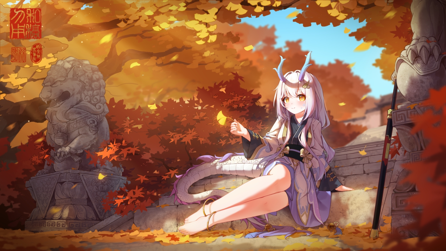 autumn, barefoot, chinese_clothes, ci_wen_jian_bu_cun_zai, horns, leaves, loli, long_hair, original, sky, stairs, sword, tail, watermark, weapon, white_hair, yellow_eyes
