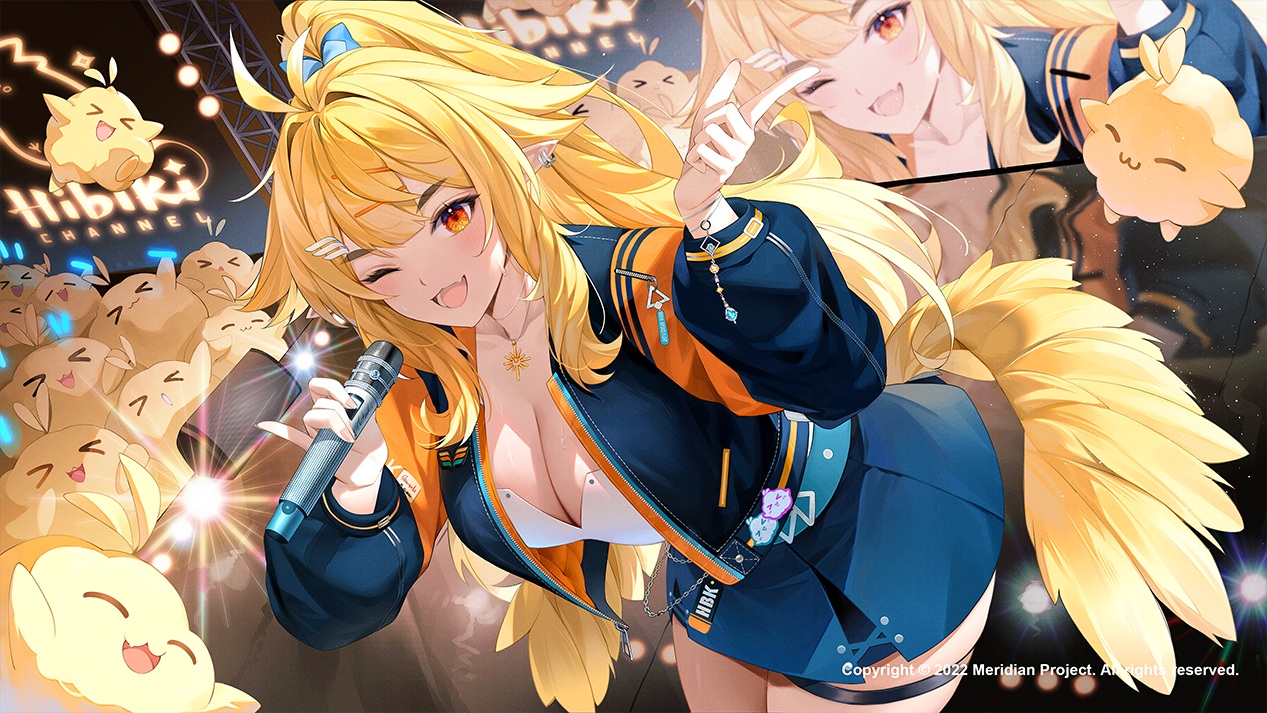 andychen, blonde_hair, breasts, cat_smile, choker, cleavage, fang, garter