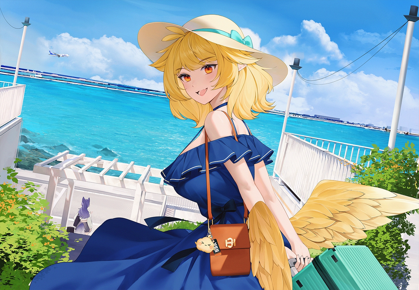 2girls, aircraft, andychen, animal_ears, blonde_hair, cat_smile, clouds, dress, fang, foxgirl, hat, hibiki_(vtuber), leaves, meridian_project, pointed_ears, ponytail, purple_hair, red_eyes, seki_(vtuber), short_hair, sky, summer_dress, water, wings