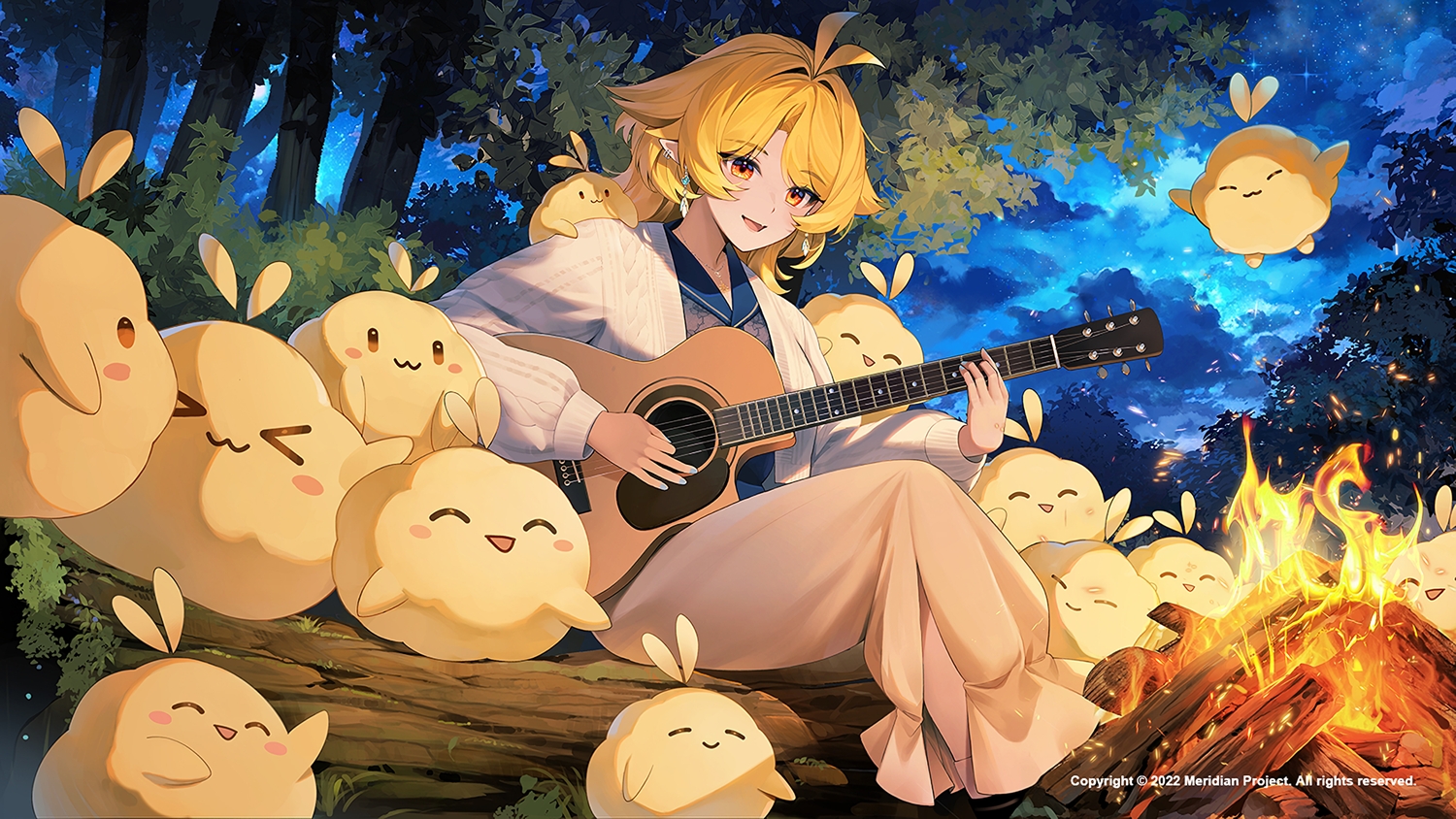 andychen, blonde_hair, clouds, fire, forest, guitar, hibiki_(vtuber), instrument