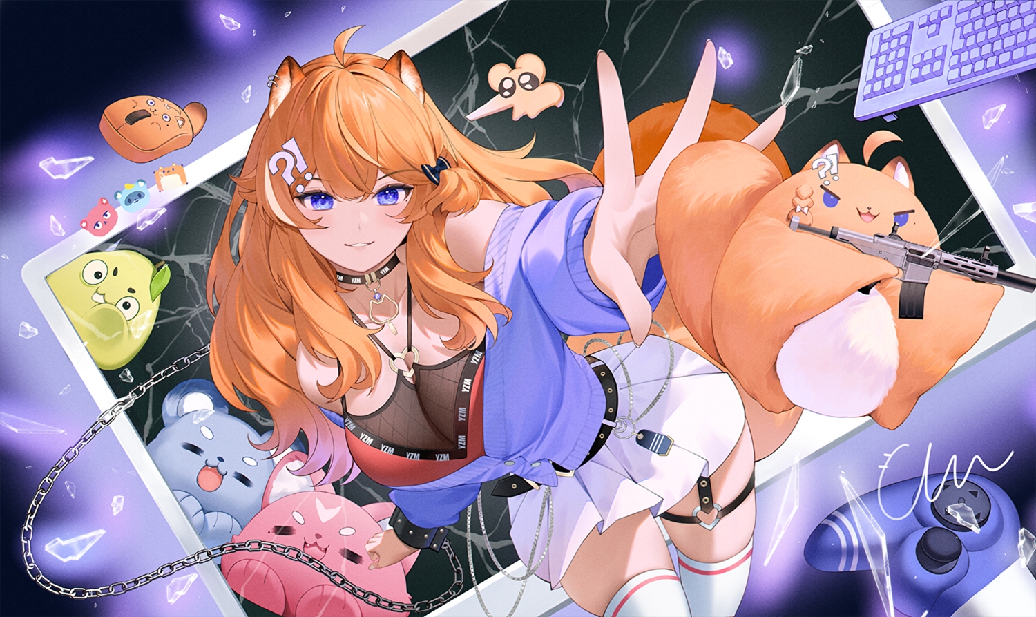 andychen, animal_ears, blue_eyes, breasts, cat_smile, chain, choker, cleavage