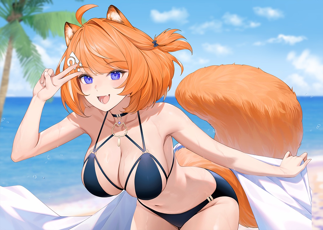 andychen, animal_ears, beach, bikini, blue_eyes, blush, breasts, choker
