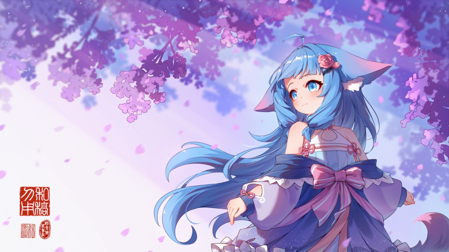 animal_ears, blue_eyes, blue_hair, blush, bow, ci_wen_jian_bu_cun_zai, flowers, foxgirl