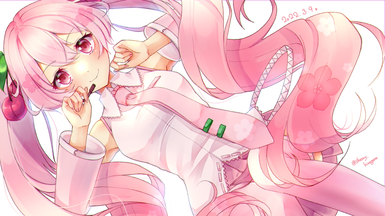 blush, hatsune_miku, hiragana_sherry, long_hair, microphone, pink_eyes, pink_hair, sakura_miku, shirt, signed, skirt, thighhighs, tie, twintails, vocaloid, white