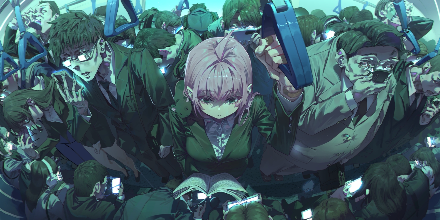 black_hair, book, glasses, green_eyes, group, headphones, jhigf, male