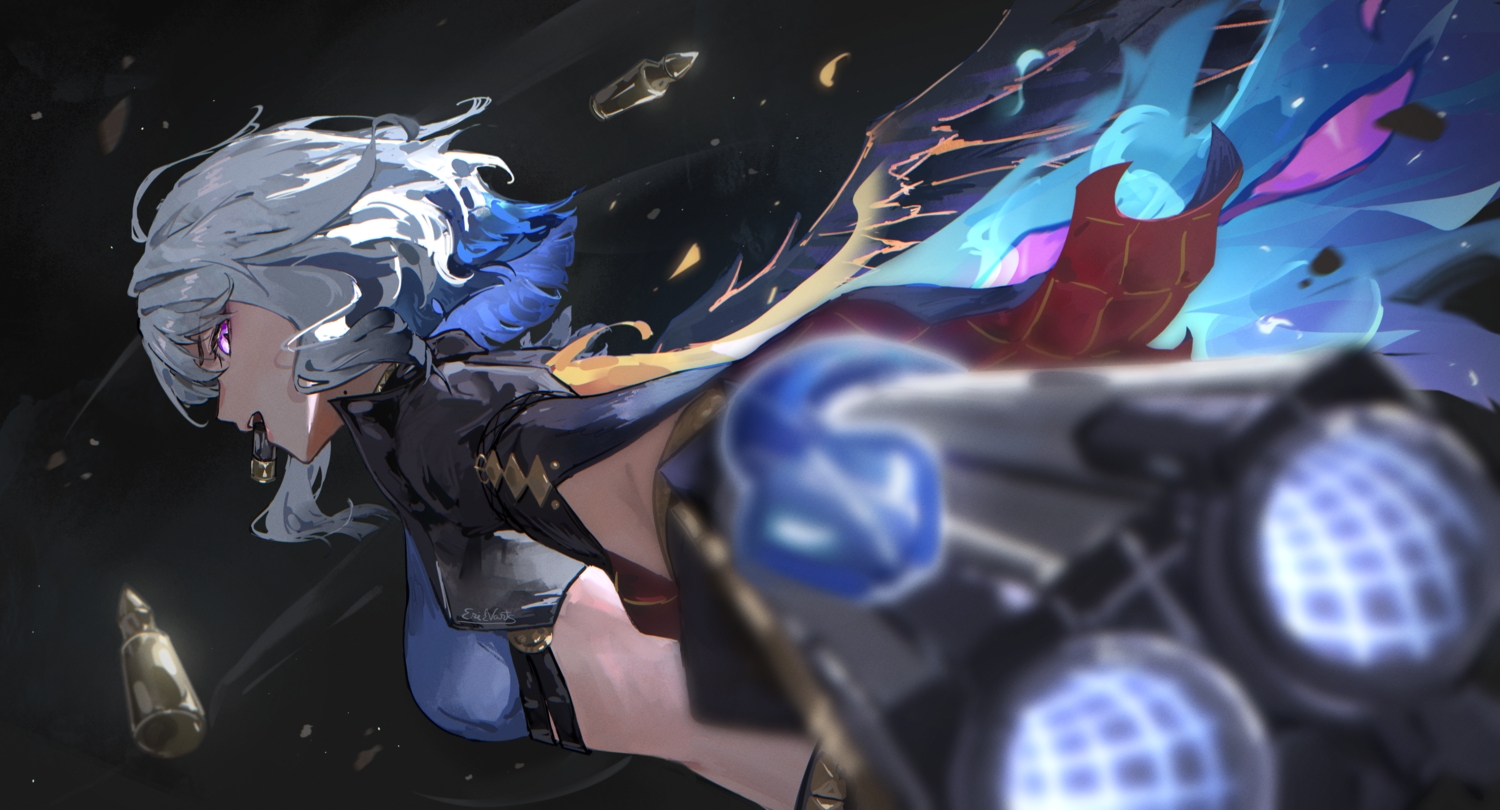 animal, close, erikvarts, galbrena_(wuthering_waves), gray_hair, gun, purple_eyes, short_hair, signed, snake, weapon, wings, wuthering_waves