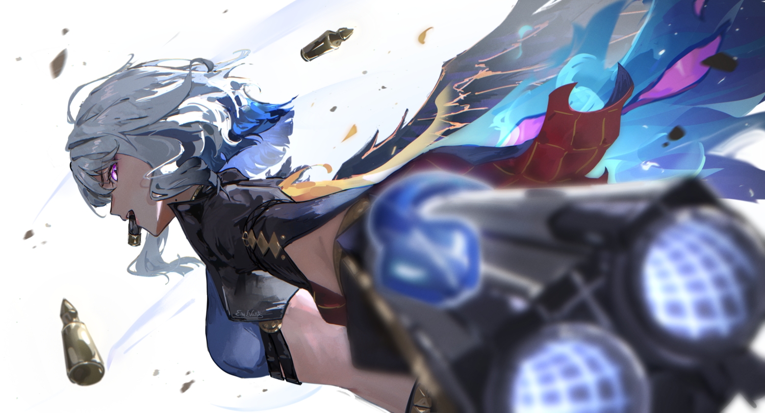 animal, close, erikvarts, galbrena_(wuthering_waves), gray_hair, gun, purple_eyes, short_hair, signed, snake, weapon, white, wings, wuthering_waves