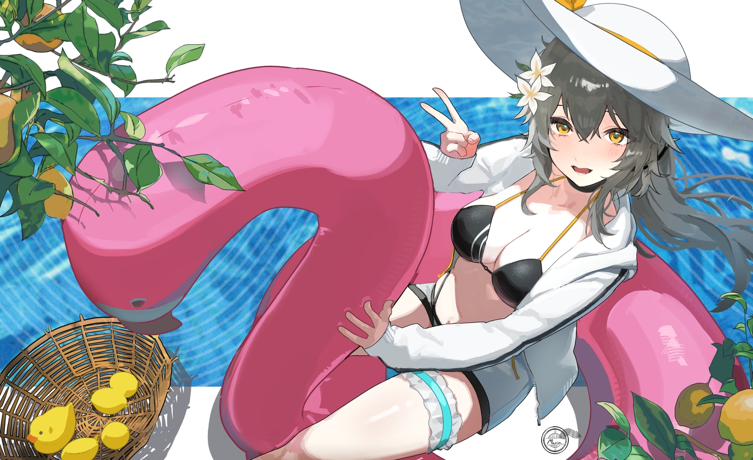 bikini, breasts, cleavage, food, fruit, garter, gray_hair, hat