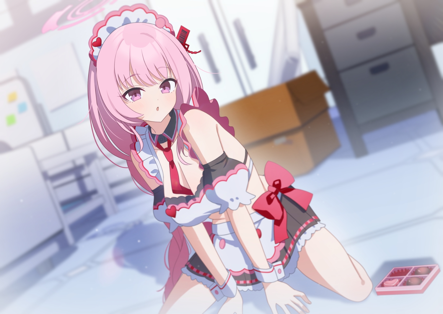 apron, blue_archive, bow, breasts, chocolate, cleavage, halo, headdress