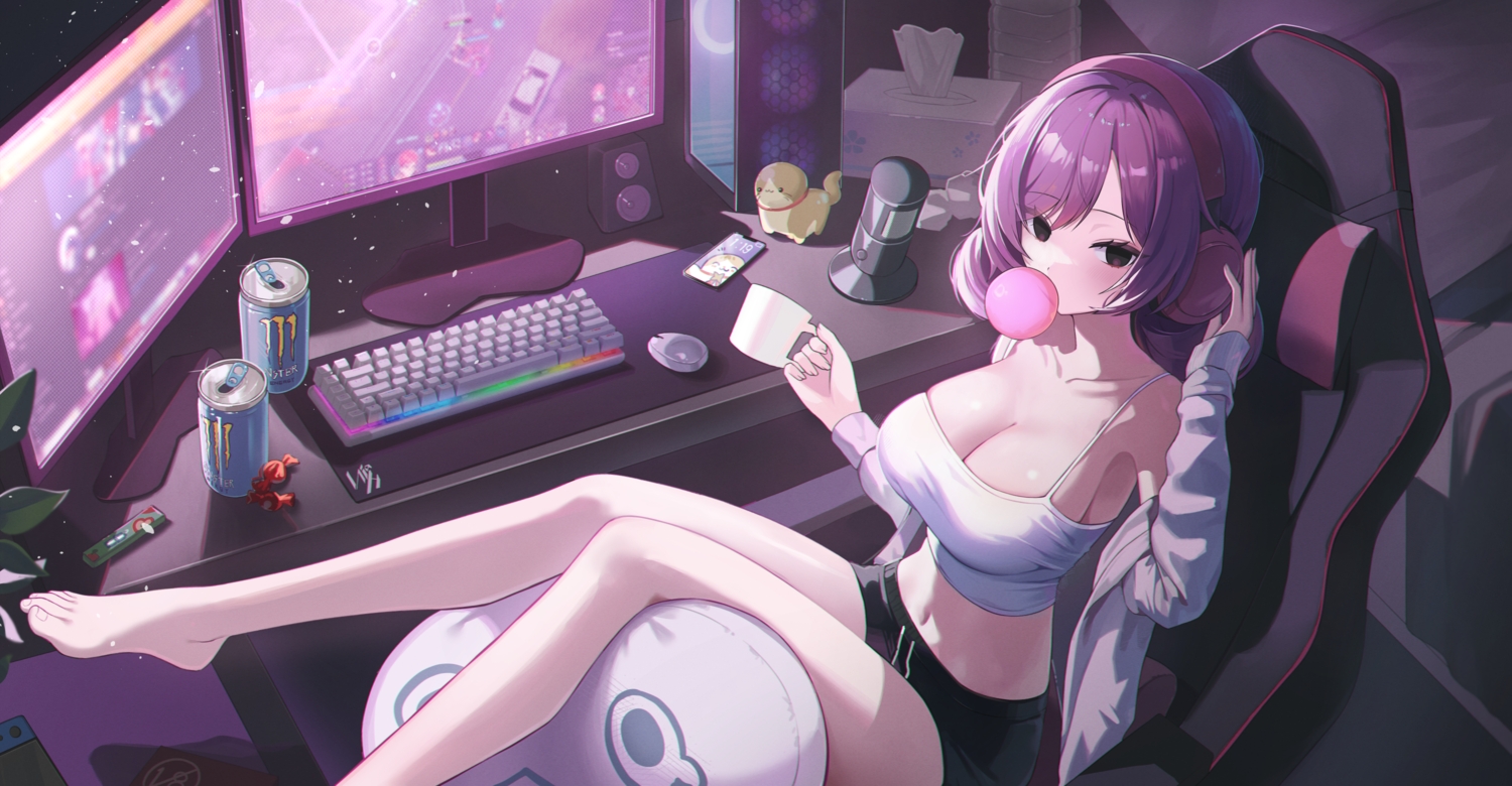 barefoot, black_eyes, black_survival, breasts, cleavage, computer, drink, eternal_return:_black_survival, headphones, kaho_oco, long_hair, microphone, navel, nia_heller, phone, purple_hair, shorts, twintails