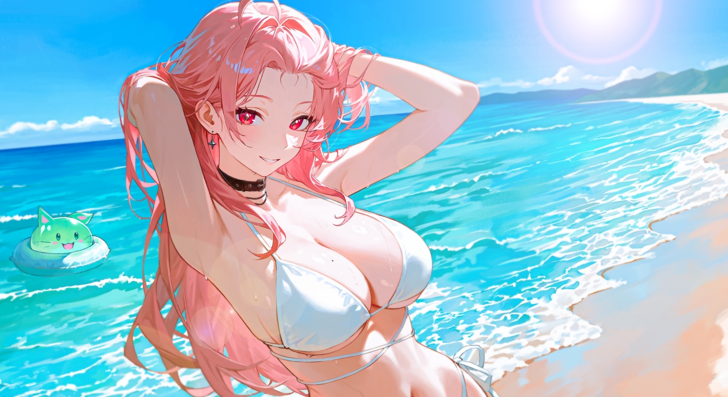beach, bikini, breasts, charon_universe, cleavage, close, clouds, collar, ellie_(charon_universe), jongho_bak, long_hair, navel, pink_hair, red_eyes, sky, swimsuit, water