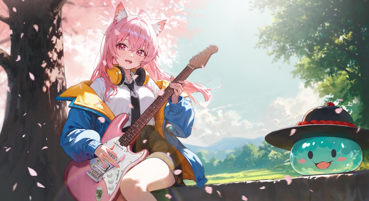 animal_ears, catgirl, charon_universe, cherry_blossoms, clouds, ellie_(charon_universe), fang, flowers