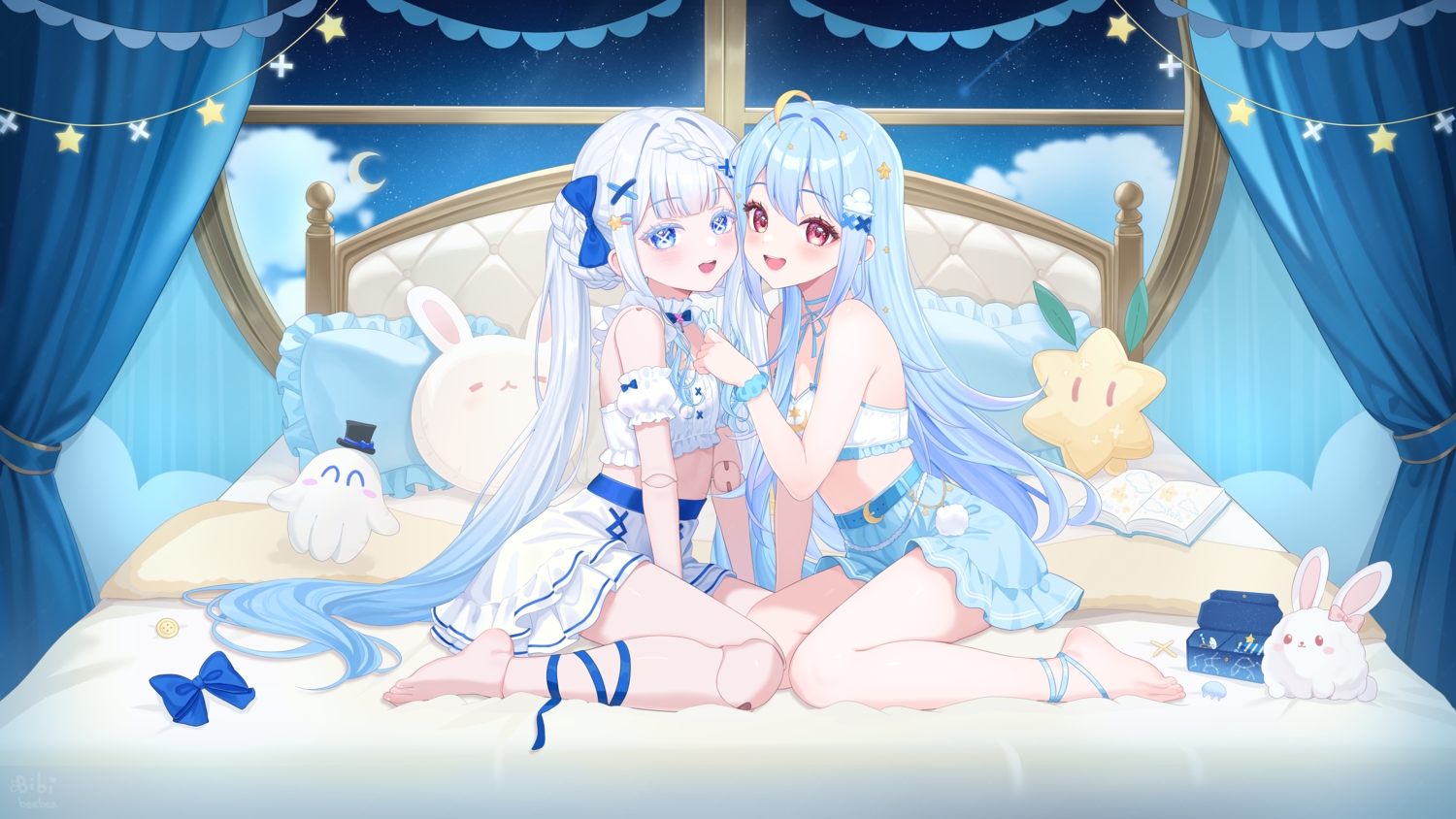 2girls, algorhythm_project, aosora_popo, barefoot, bed, bibixart, blue_eyes, blue_hair
