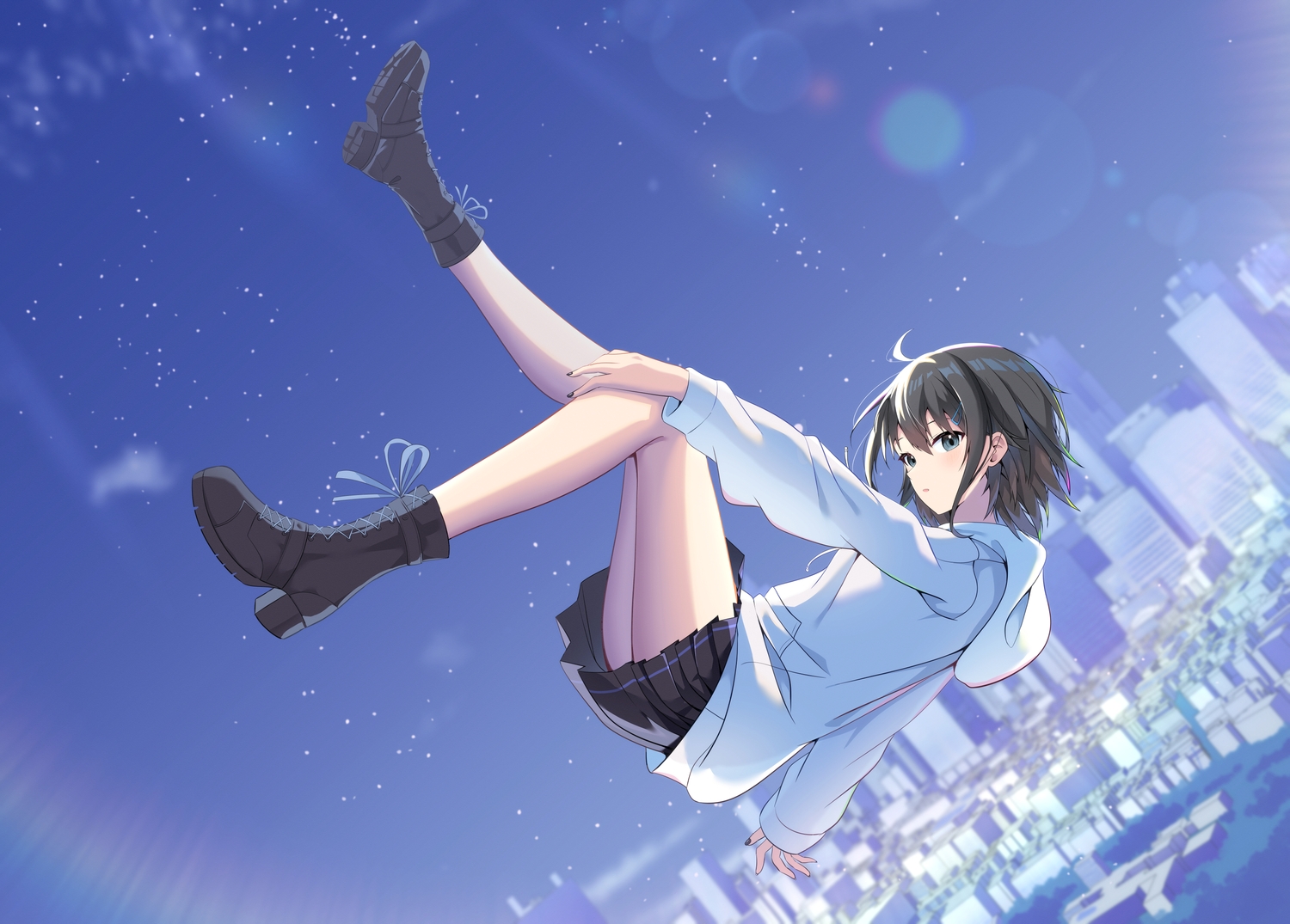 black_hair, blush, boots, building, cac_itinose, city, gray_eyes, hood