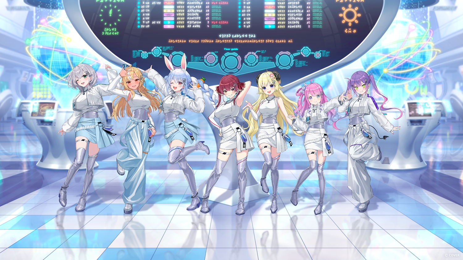 animal_ears, bicolored_eyes, blonde_hair, braids, bunny_ears, bunnygirl, computer, demon