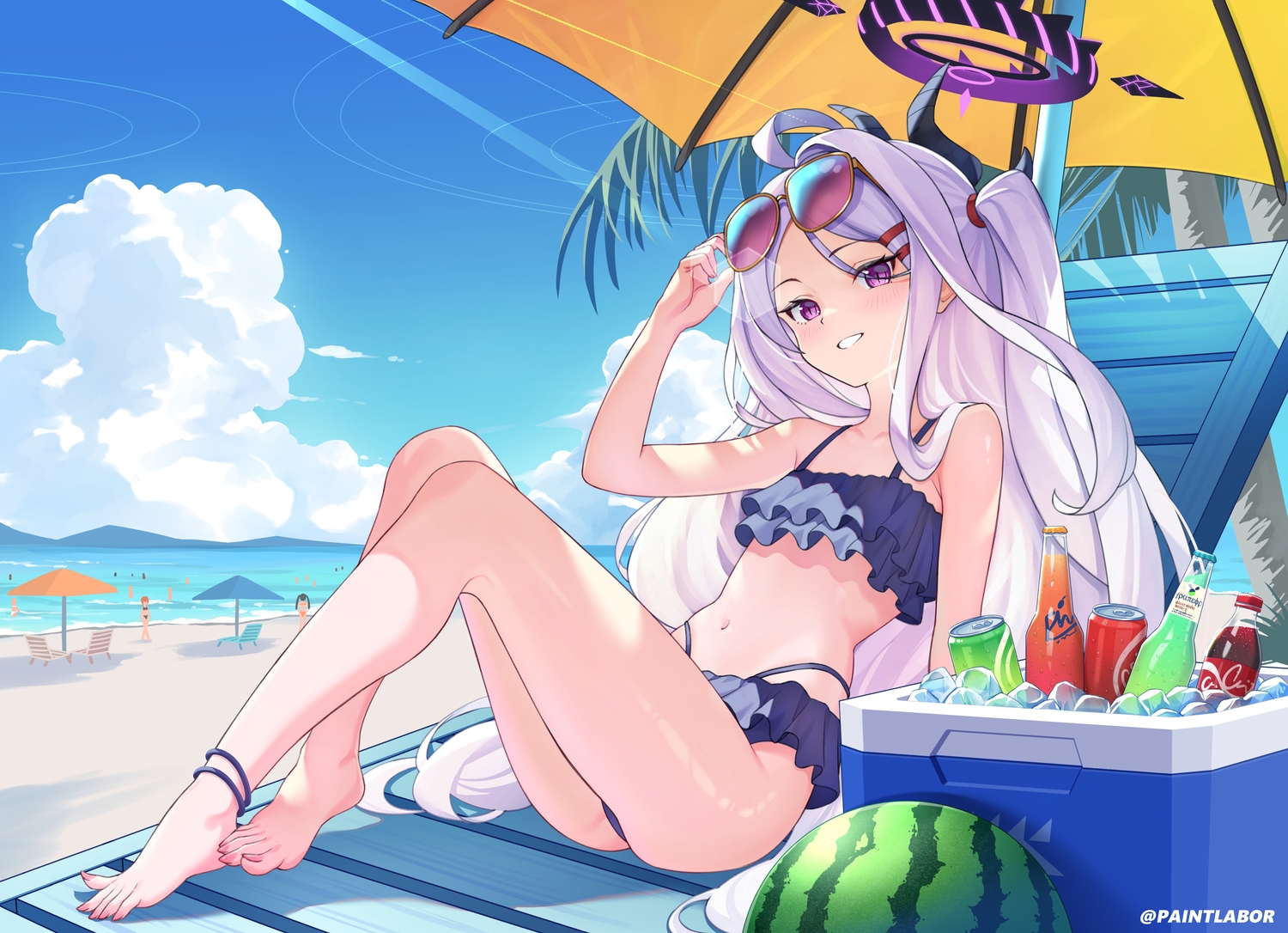 barefoot, beach, bikini, blue_archive, clouds, drink, flat_chest, food