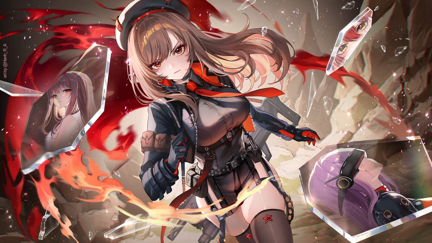 brown_eyes, brown_hair, fire, gloves, goddess_of_victory:_nikke, hanh_chu, hat, long_hair