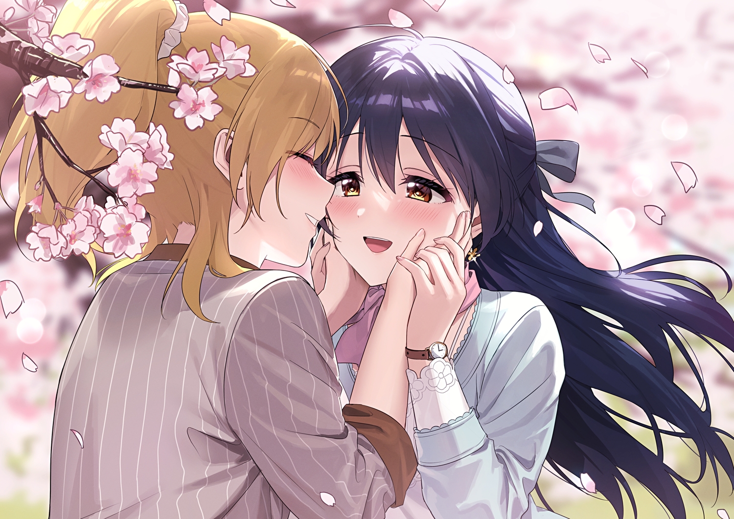 2girls, ayase_eri, blonde_hair, blush, cherry_blossoms, close, flowers, long_hair