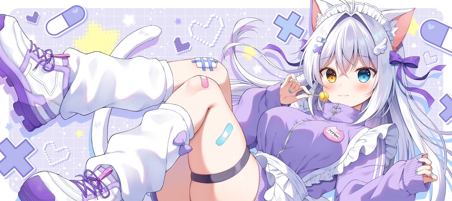 animal_ears, apron, bandaid, bicolored_eyes, blush, bow, candy, catgirl