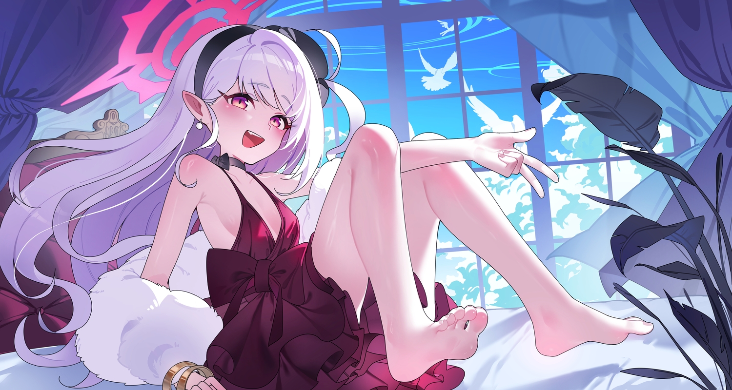 animal, asagi_mutsuki, barefoot, bed, bird, blue_archive, brown_eyes, choker