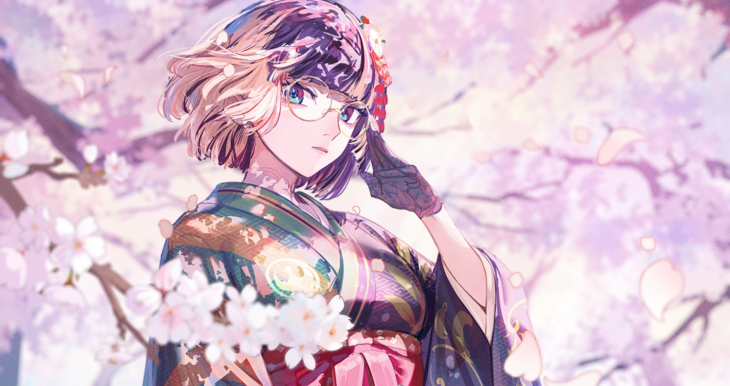 blue_eyes, brown_hair, cherry_blossoms, close, flowers, glasses, gloves, hololive