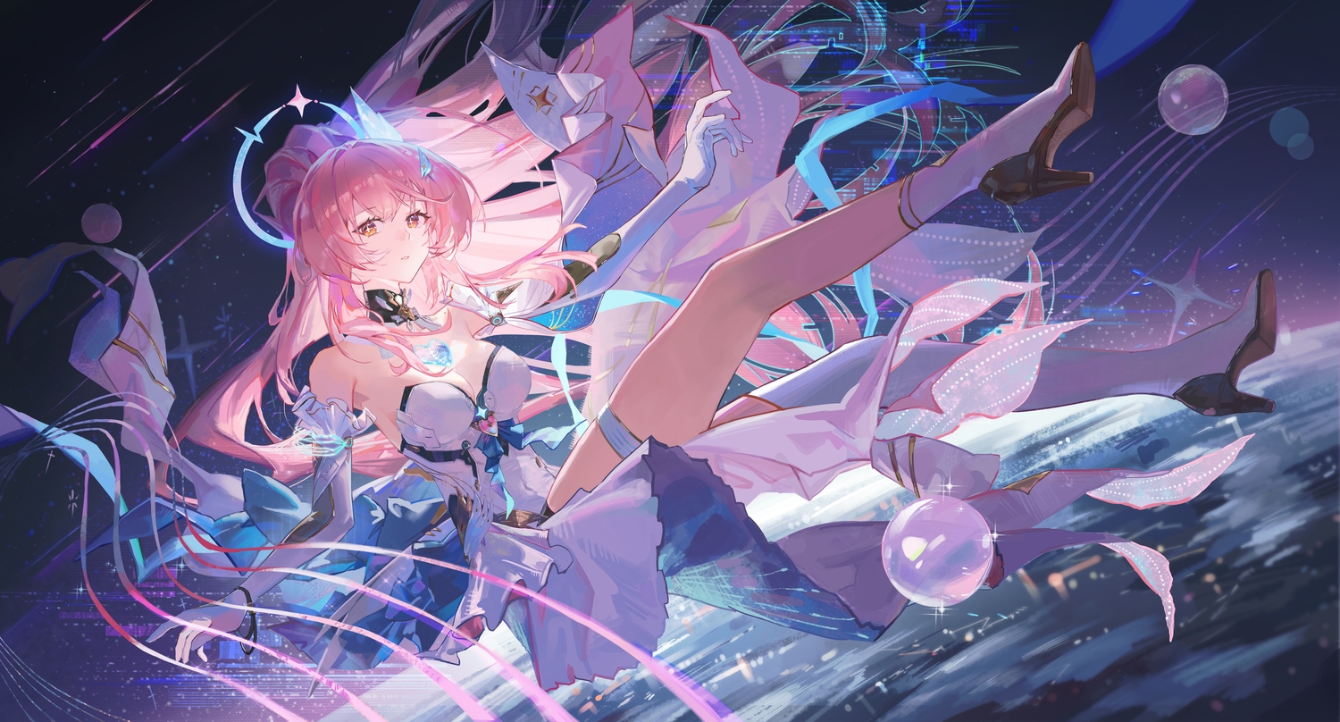 aemeath_(wuthering_waves), breasts, cleavage, elbow_gloves, garter, gloves, halo, long_hair
