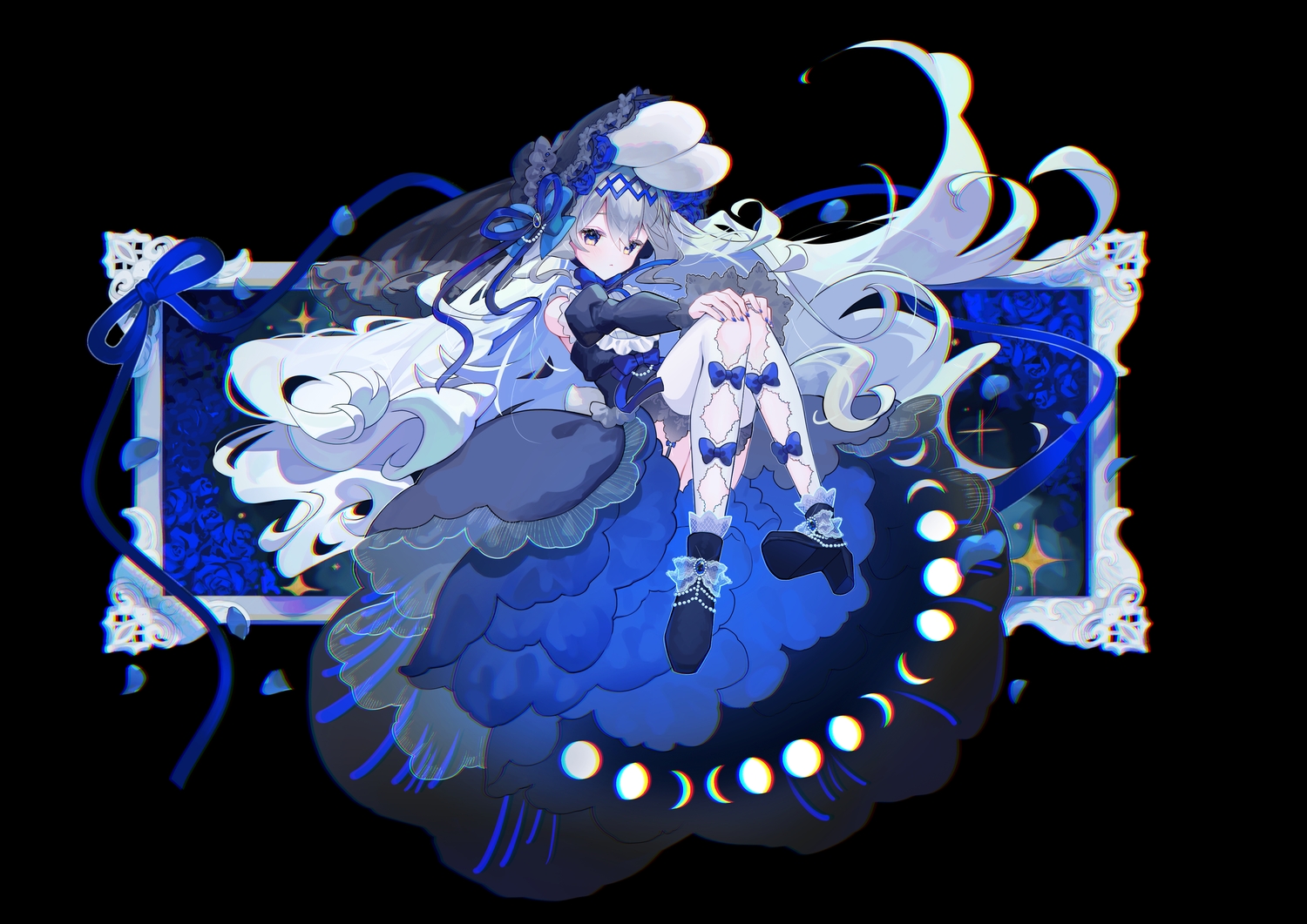 animal_ears, black, bow, bunny_ears, dress, garter_belt, goth-loli, gray_hair