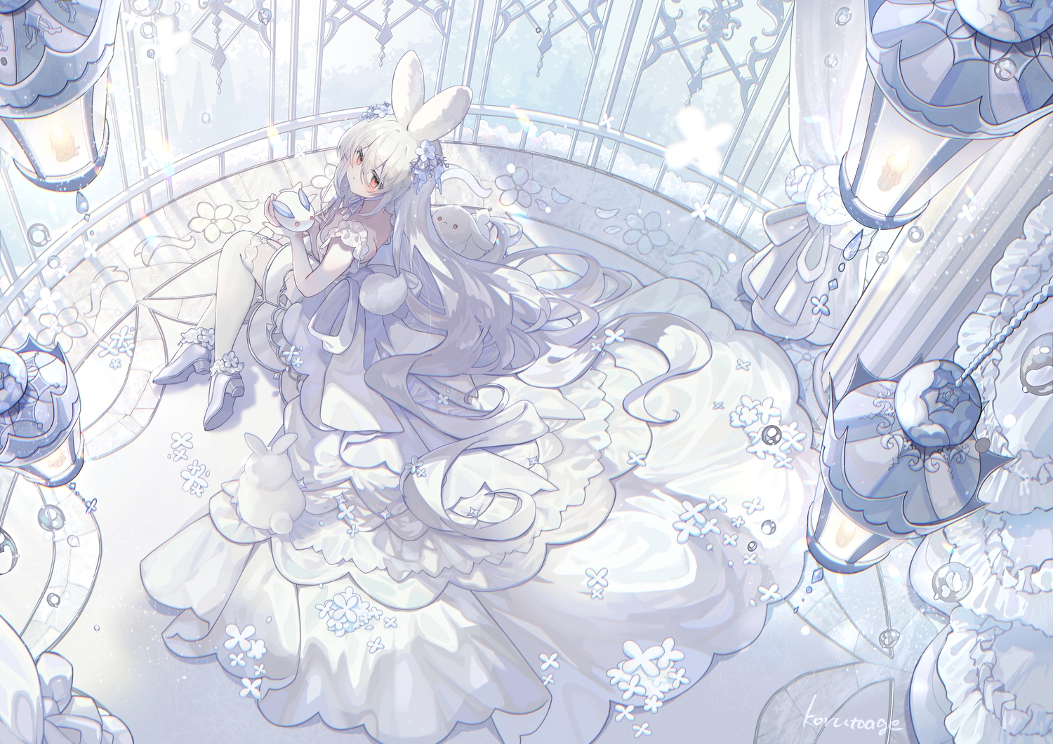 animal, animal_ears, bunny_ears, dress, garter_belt, gray_hair, lolita_fashion, long_hair