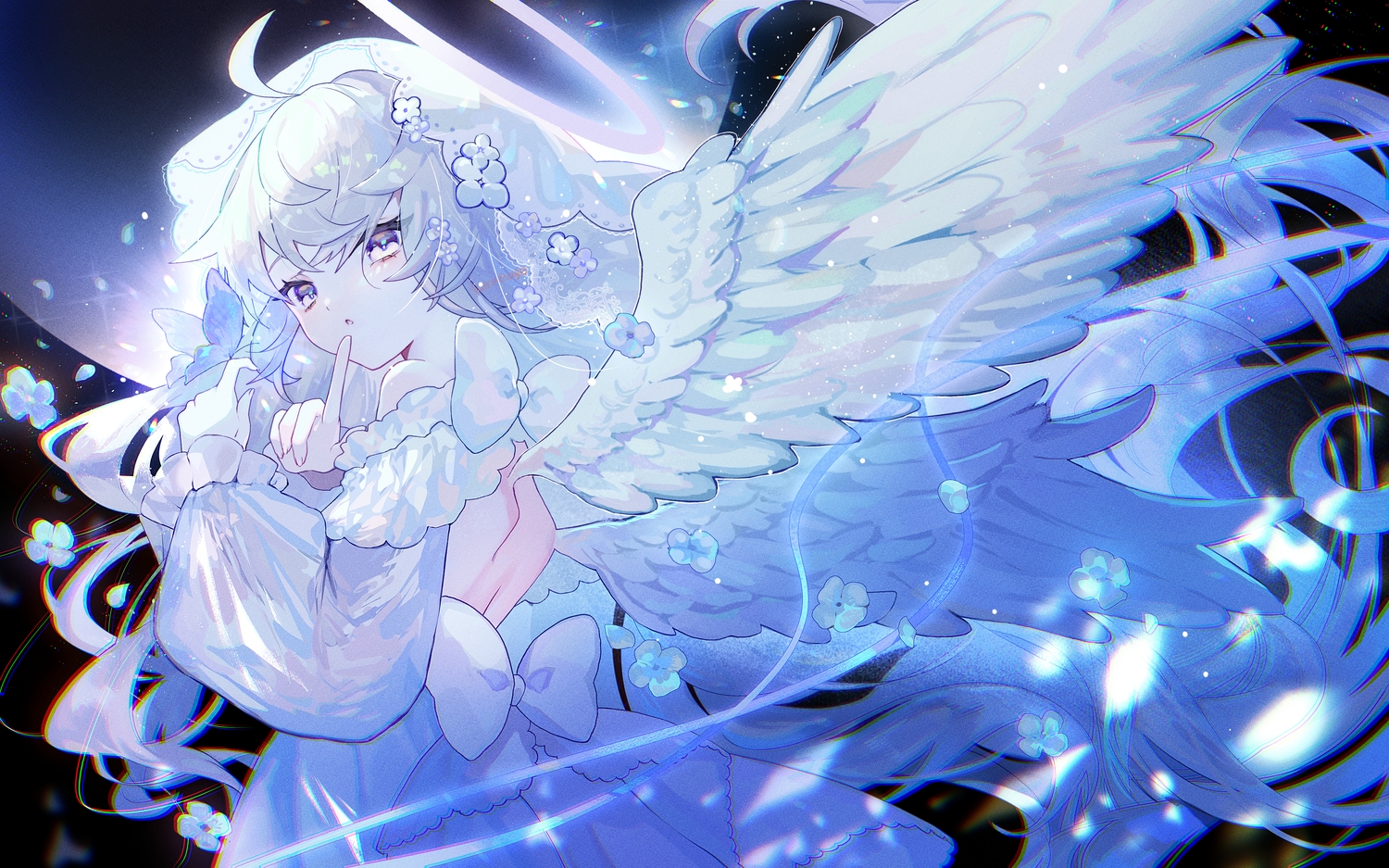 angel, bow, butterfly, close, dress, flowers, gray_eyes, gray_hair