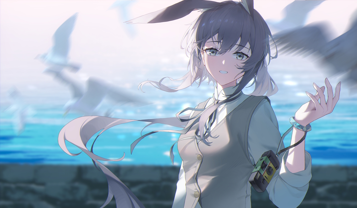 amiya_(arknights), animal, animal_ears, arknights, bird, brown_hair, bunny_ears, bunnygirl