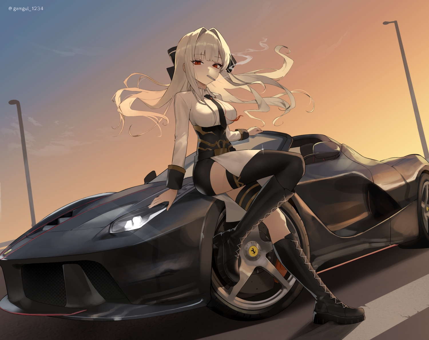 boots, car, clouds, gamgyul, garter, gray_hair, long_hair, original