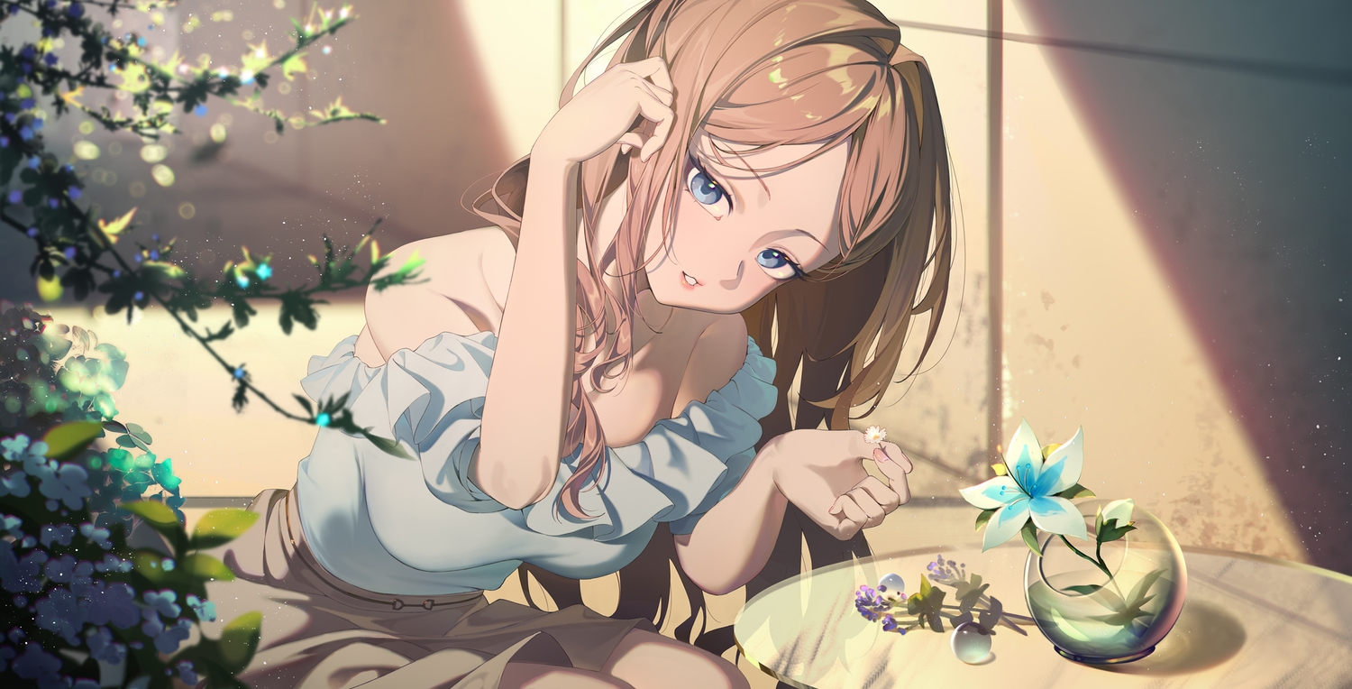 bang_dream!, blue_eyes, brown_hair, close, flowers, kanon_(sinto), leaves, long_hair