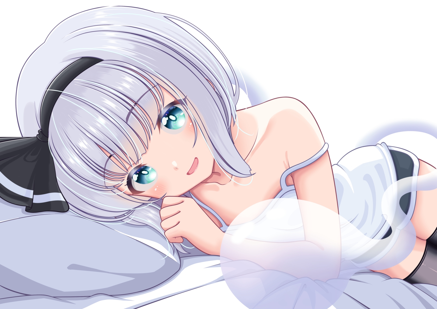aqua_eyes, blush, close, flat_chest, gray_hair, headband, konpaku_youmu, myon, no_bra, reimei_(r758120518), short_hair, shorts, thighhighs, touhou, zettai_ryouiki