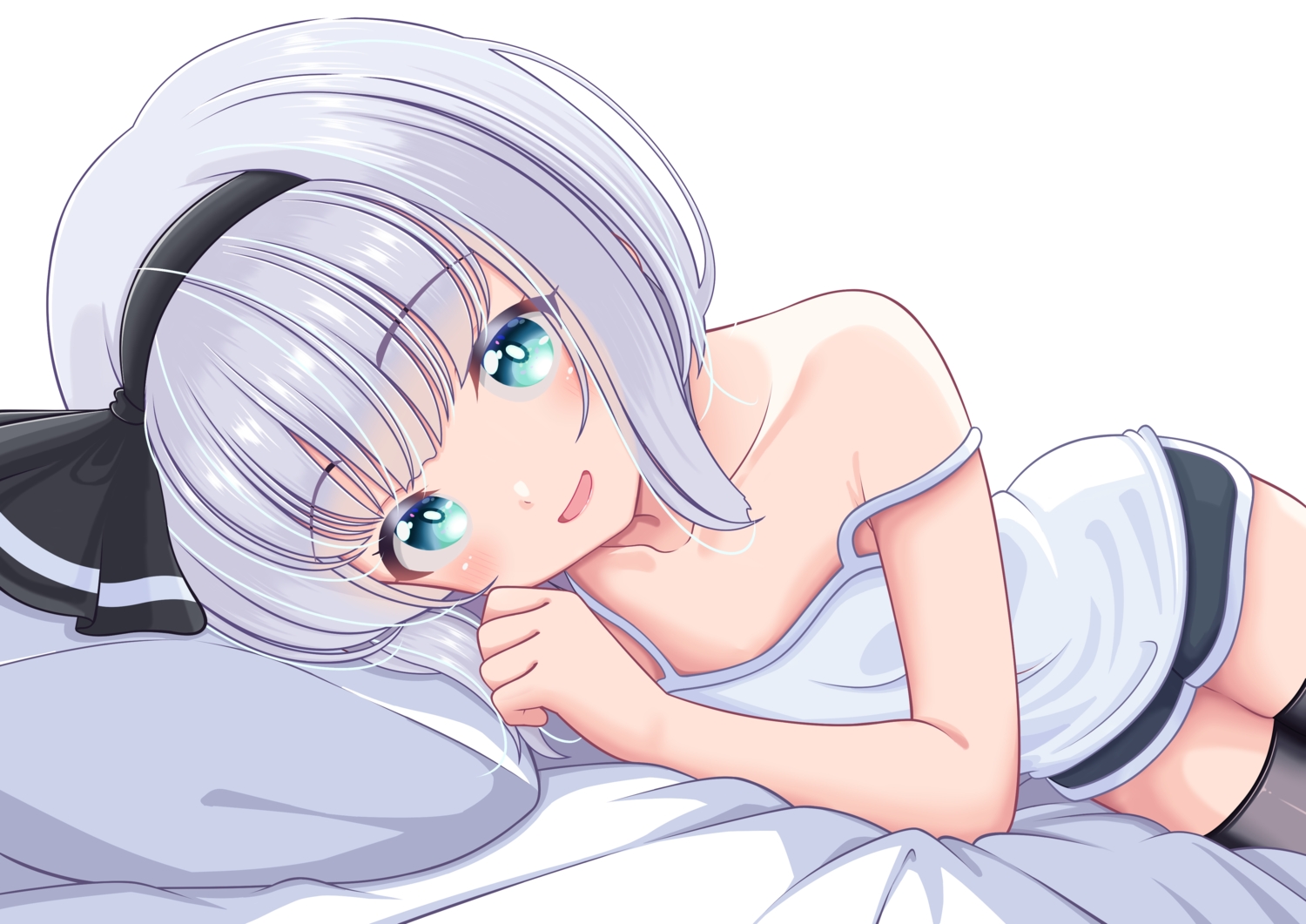 aqua_eyes, blush, close, flat_chest, gray_hair, headband, konpaku_youmu, no_bra, reimei_(r758120518), short_hair, shorts, thighhighs, touhou, zettai_ryouiki