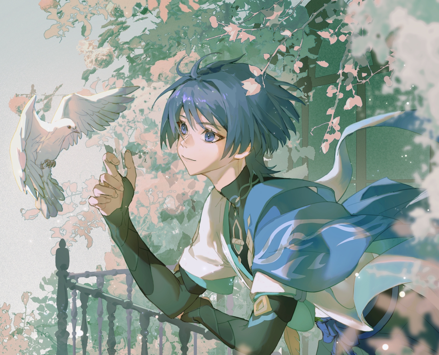 all_male, animal, bird, blue_eyes, blue_hair, genshin_impact, leaves, male, scaramouche_(genshin_impact), shimao141, short_hair, tree