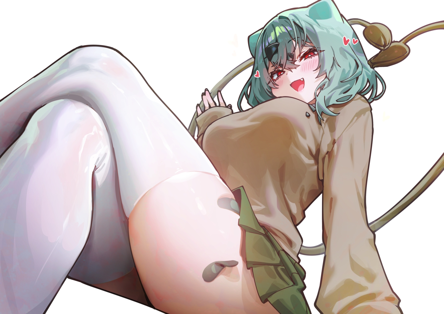 animal_ears, anthropomorphism, bandaid, blush, bulbasaur, fang, green_hair, gyaru_bulbasaur, heart, multiple_tails, pokemon, red_eyes, school_uniform, skirt, tail, thighhighs, white, yampa