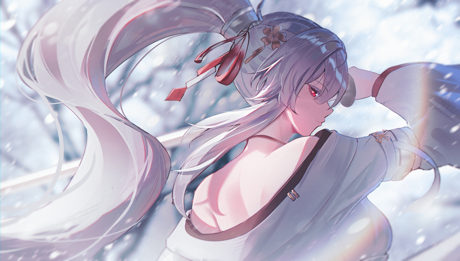 close, gray_hair, hiyuki_(wuthering_waves), japanese_clothes, katana, kohaku_komeiji, long_hair, ponytail, red_eyes, snow, sword, weapon, wuthering_waves