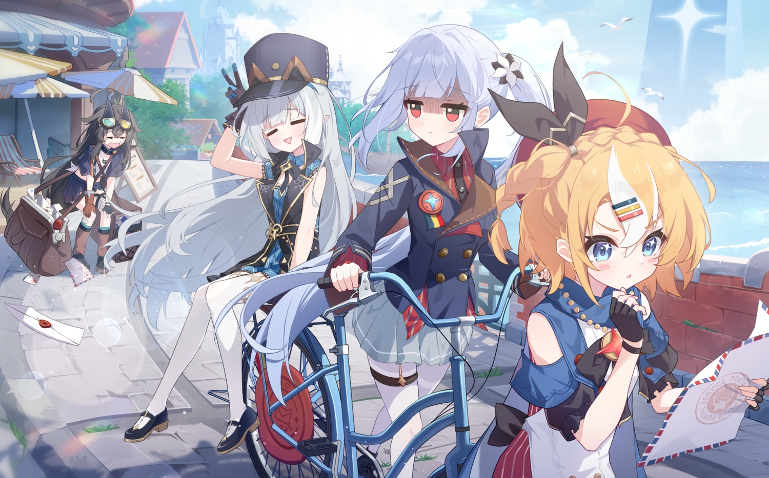 animal, bicycle, bird, black_hair, blonde_hair, blue_eyes, blush, building, clouds, donna_(stella_sora), exusiai_dust, female_tyrant_(stella_sora), freesia_(stella_sora), garter, gloves, goggles, gray_hair, group, hat, kneehighs, long_hair, pantyhose, paper, pointed_ears, ponytail, red_eyes, short_hair, skirt, sky, stella_sora, sunglasses, teresa_(stella_sora), thighhighs, water