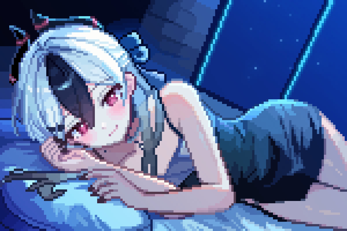 bed, blue_archive, dress, gray_hair, halo, horns, long_hair, night