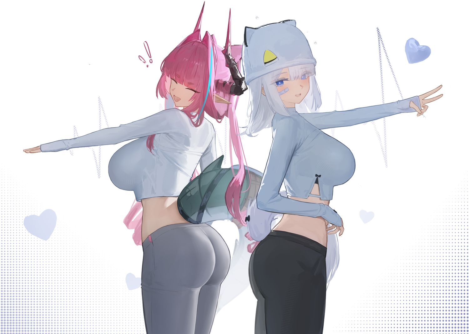 2girls, arknights, arknights:_endfield, ass, blue_eyes, bow, ciexbiet, estella_(arknights), gray_hair, hat, heart, horns, long_hair, pink_hair, pointed_ears, tail, twintails, yvonne_(arknights)