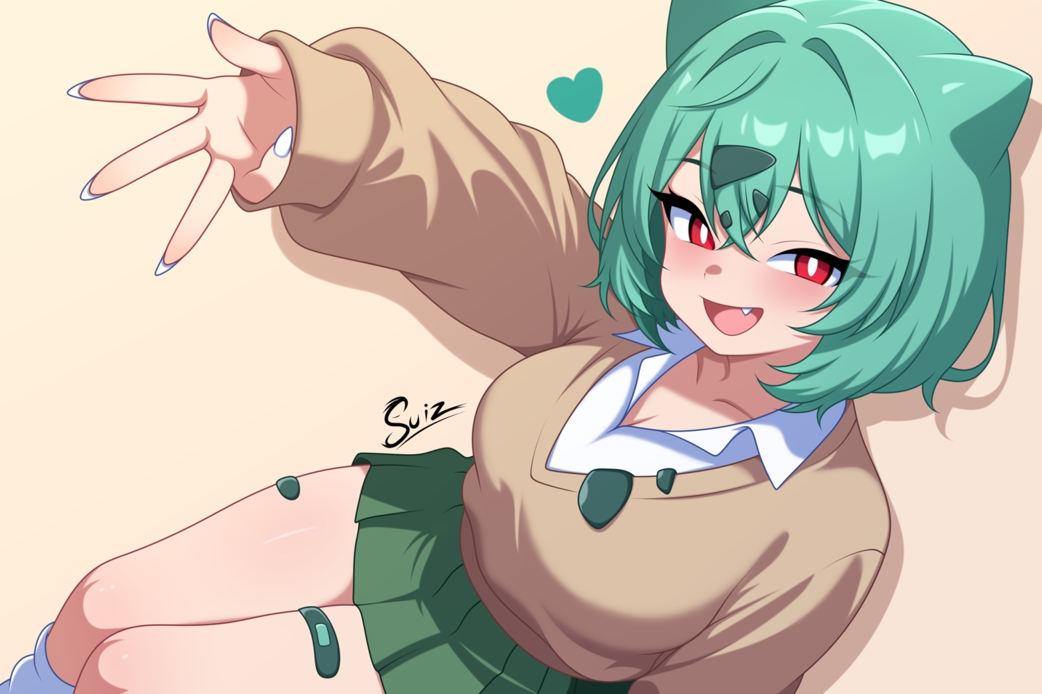 animal_ears, anthropomorphism, bandaid, brown, bulbasaur, close, fang, green_hair, gyaru_bulbasaur, heart, pokemon, red_eyes, school_uniform, short_hair, signed, skirt, su1zide