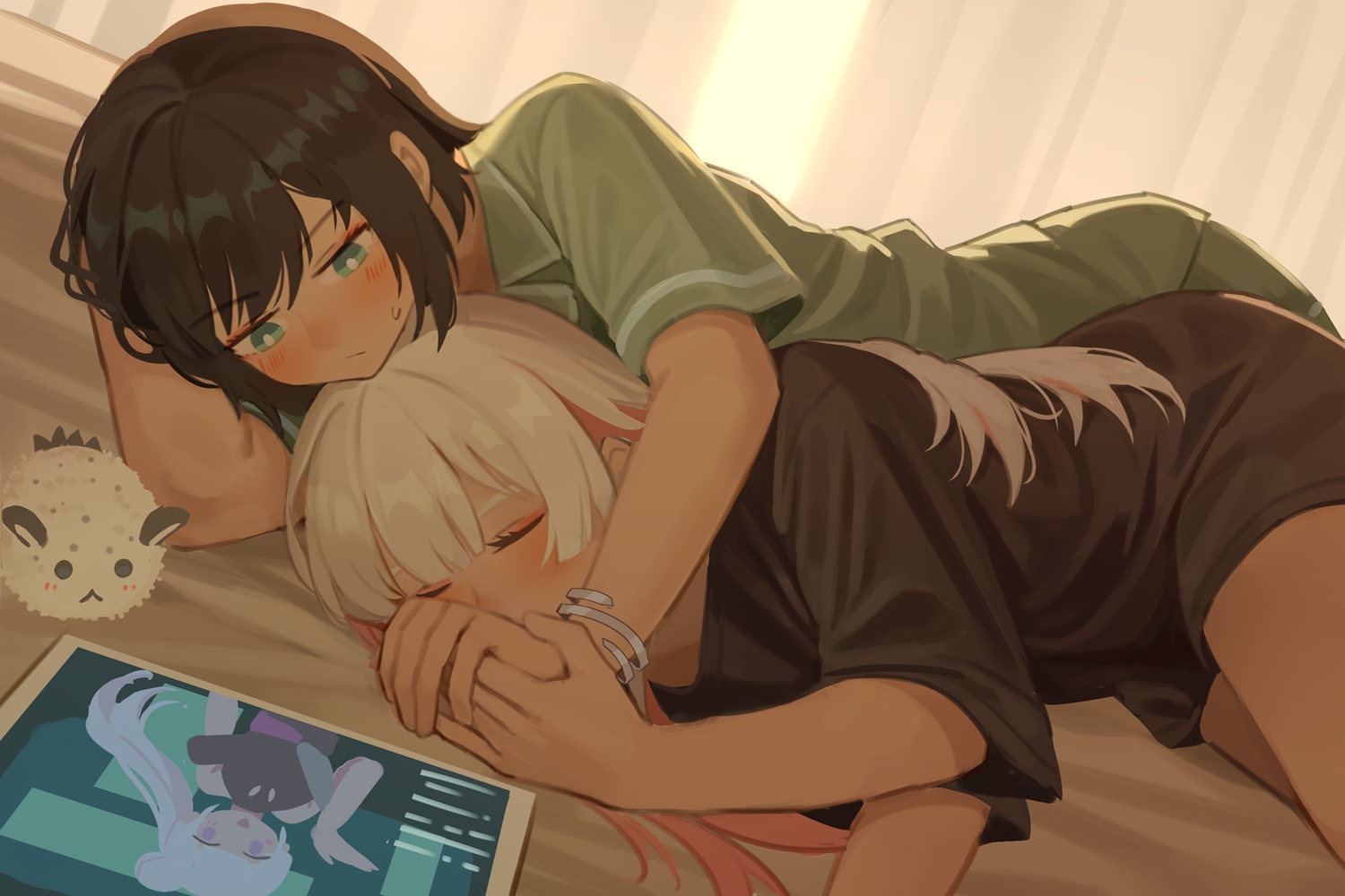 2girls, aqua_eyes, bed, blush, brown_hair, cho_kaguya-hime!, gray_hair, long_hair