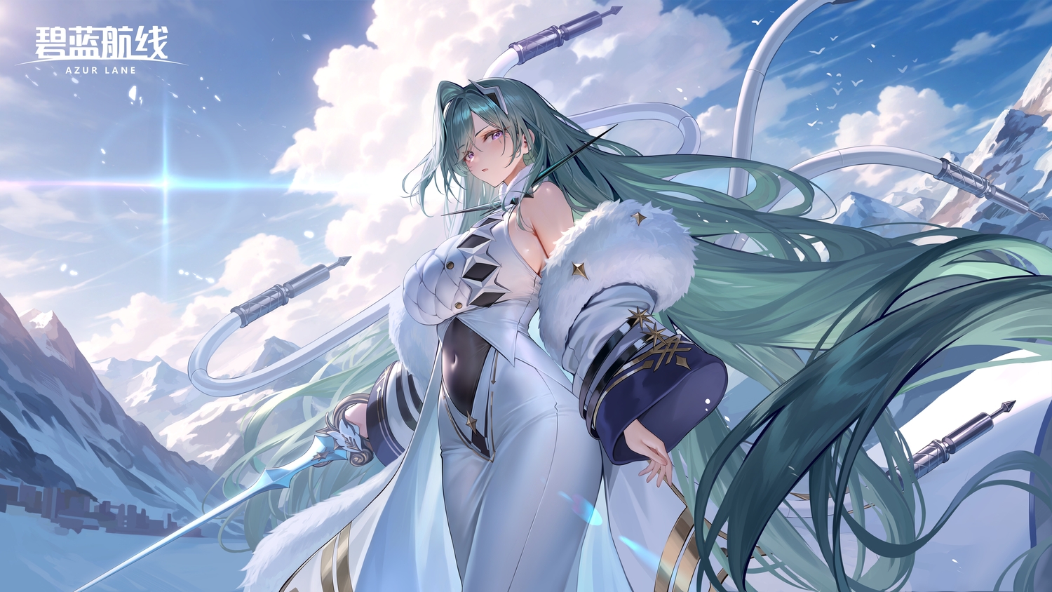 anthropomorphism, aqua_hair, azur_lane, clouds, dress, logo, long_hair, meion