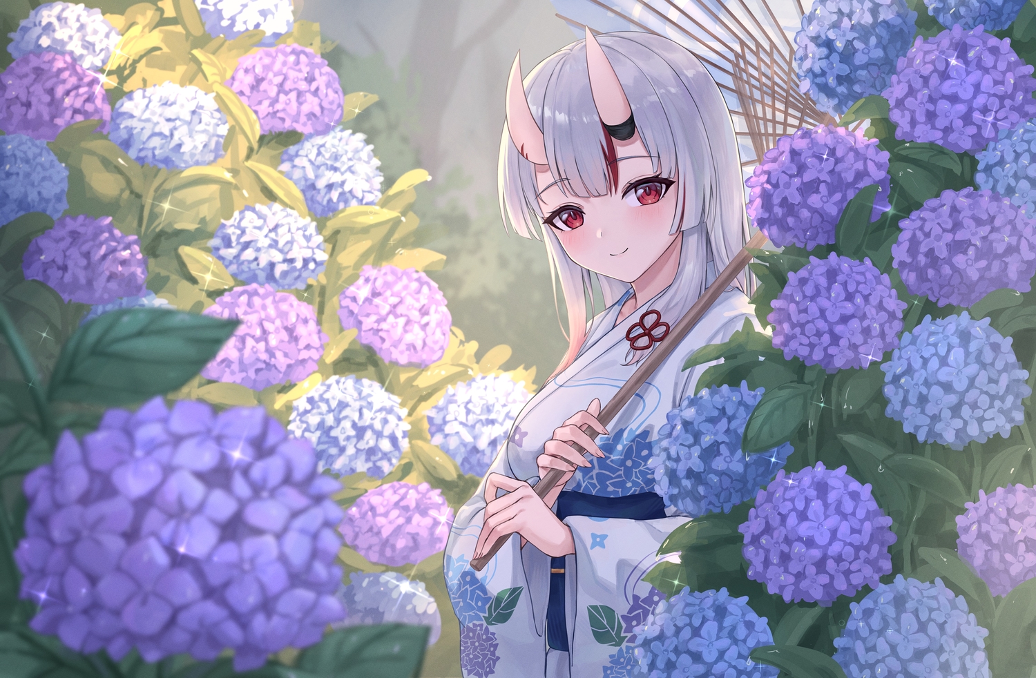 close, demon, flowers, gray_hair, hololive, horns, japanese_clothes, kimono